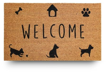 LifeGreen Zerbino Kera Animals con Fibre di Cocco, Tappeto Antisporco per Ingresso Rettangolare, 40X70 cm, Fondo in Lattice Antiscivolo - Stampa “Welcome”