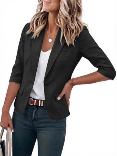 IDEALSANXUN Blazer court en lin à manches 3/4 pour femme, léger, printemps et été