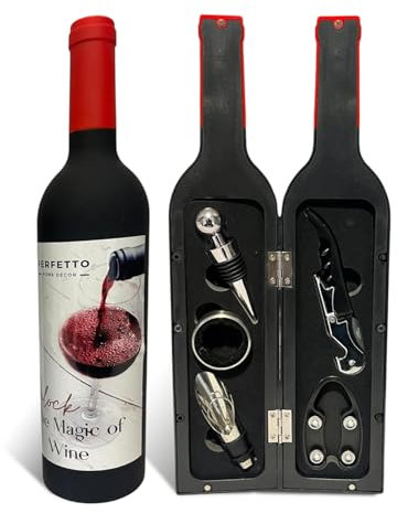 Set di apribottiglie per vino, 5 pezzi, accessori per vino, kit cavatappi, anello salvagoccia, tagliacapsule, versatore e tappo in custodia a forma di bottiglia, regalo perfetto per gli amanti del