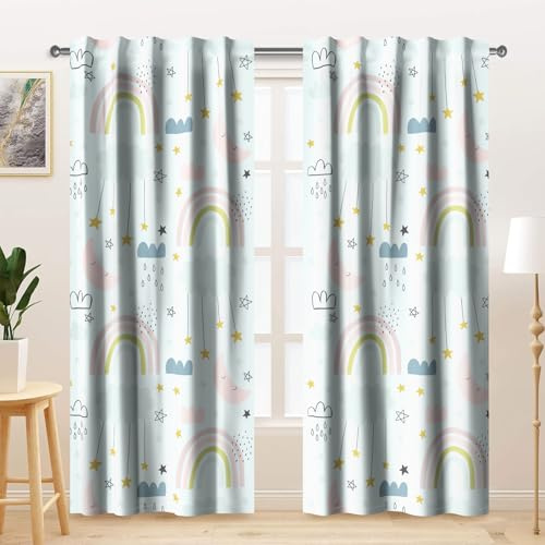Kzzfqxb 135x229cm Tende per Bambini 2 Pannelli, Arcobaleno Pioggia Nuvole Cartoni Animati per finestre, Azzurro Decorazione Infantile per Bambini Ragazze Camera da Letto Asilo Nido Soggiorno