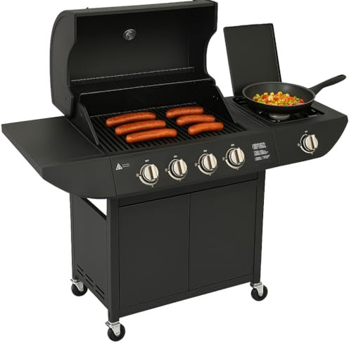 Campfire Original Barbecue BBQ 5 Gas Burner 4+1 Garden Grill, Steel Warming Rack, Side-Burner, Storage & Built-in Temperature Gauge for Home Garden Party Outdoor Cooking, Wheels, Moveable, Portable