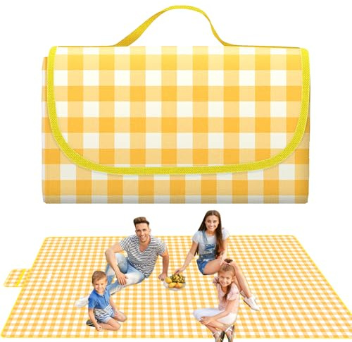 Pilikoll Jaune Couverture Pique Nique 200 X 300cm Nappe Pique Nique avec Poignée Tapis Pique-Nique Pliable Couverture de Camping Grand couvertur de Pique-Nique pour Jardin,Nappe, BBQ, Randonnée