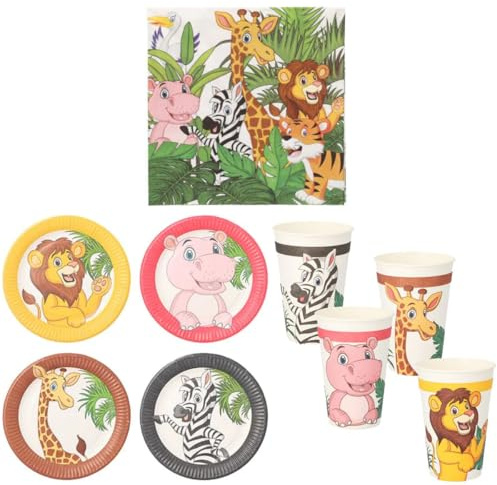 Ameisenkeks® Dschungel Partyset für Kindergeburtstag – 10 Teller, 10 Becher, 10 Servietten – FSC-Zertifiziert – mit Löwe, Zebra, Giraffe, Nilpferd – umweltfreundlich & lebensmittelecht
