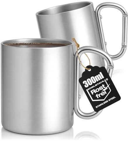 Wilhelm Sell® 2 tazas térmicas acero inoxidable 300 ml con mosquetón, doble pared aislante, resistentes para camping, senderismo, exterior y viaje (300 ml - 2 unidades)