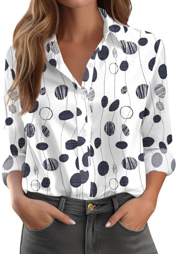 Women's Button-Down Shirts Blouse for Women UK Ladies Boho Spring Summer Long Sleeve Clothing UK Casual V Neck Tunic Tops Oversized Business Work Office Fashion Blouse 2026 04-Navy S