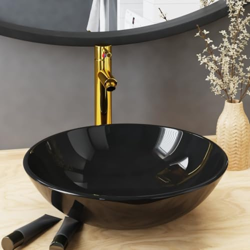 Genérico Lavabo de baño Grifo y desagüe de Empuje Vidrio Templado negro-3098451