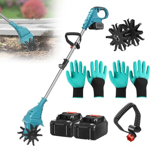 Cultivador Eléctrico Inalámbrico, Motocultor Inalámbrico con 2 Baterías De 1,3 Ah, Interruptor De Seguridad Doble, Cultivador Manual De 270 RPM para Jardín Y Patio 4-Blades
