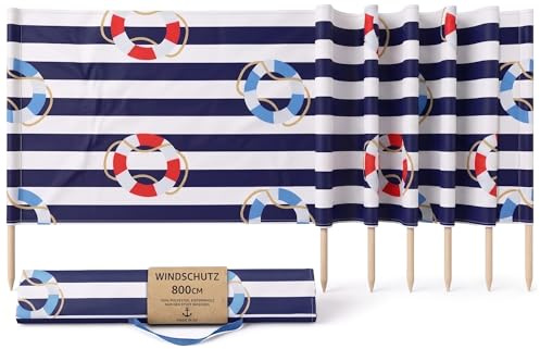 Amazinggirl Paravento Spiaggia con Paletti Legno – Frangivento per Campeggio Giardino e Piscina – Paravento da Esterno Outdoor in Tela Robusta Leggero Resistente e Stabile a Righe Bianche e Blu