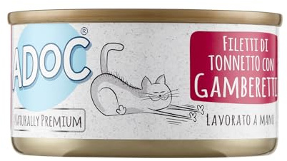 Adoc Naturally Premium, Alimento Umido Complementare per Gatti, Tonnetto con Gamberetti, 24 Lattine da 85 g, in Gelatina, Senza Conservanti e Coloranti