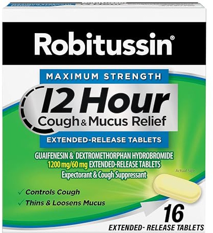 Robitussin Maximum Strength 12 Hour Cough and Mucus Relief, Expectorant and Cough Suppressant, 16 Extended-Release Tablets