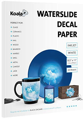 Koala 25 Sheets Waterslide Decal Paper for Inkjet Printer - WHITE 8.5x11 Inch Water Slide Transfer Paper for DIY Tumblers, Mugs, Glass, Ceramics