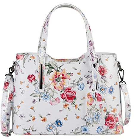 OBC Made IN Italy Damen Echt Leder Tasche Business Shopper Schultertasche Handtasche Ledertasche Umhängetasche Rindsleder Freizeittasche Weiß-Blumen