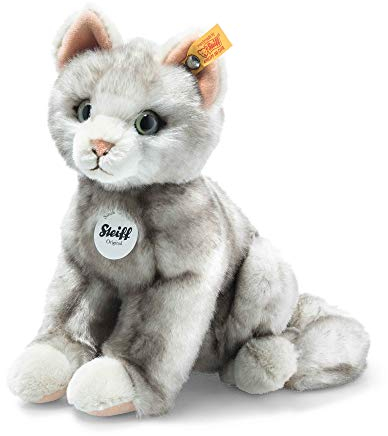 Steiff Kuscheltier Filou Katze, Süßes Stofftier mit Kunststoffaugen, Kinder, Jungen & Mädchen, Plüschtier 21 cm, Hellgrau, 122316