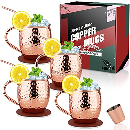 Eligara Kupferbecher für den Moskauer Maultier-Cocktail, 4 Tassen aus Kupfer, handgefertigt, für den Moskauer Maultier-Cocktail, Geschenkbox, 400 ml