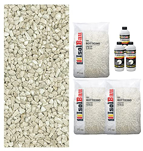 Isolbau Steinteppich Aussen Komplettset Marmorkies 75kg + Bindemittel bis 7,5m² Botticino 4/8mm Epoxidharz Terassenboden Natursteinboden Marmorkies Bodenbelag Steinboden, Marmorstein Innen Außen