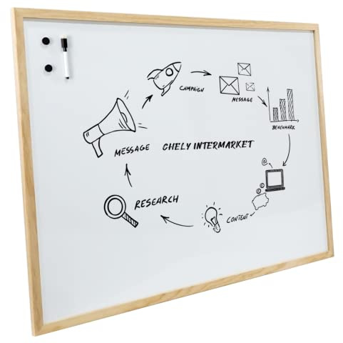 CHELY INTERMARKET Pizarra Blanca Magnética 80X120 CM Marco Madera Marrón Kit Completo Con Rotulador Borrador Imanes Oficina Casa Escuela Planificador Mensajes Tareas Reuniones Pared Horizontal