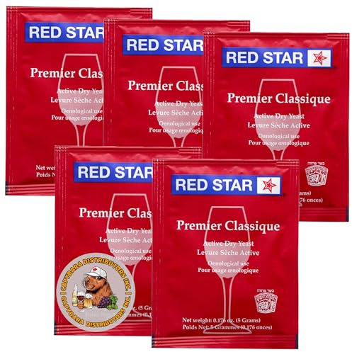 Red Star Premier Classique Wine Yeast (5 Pack) - Great for Making Wine Cider Mead Kombucha at Home - 5 g Sachets - Saccharomyces cerevisiae - Sold by CAPYBARA Distributors Inc.