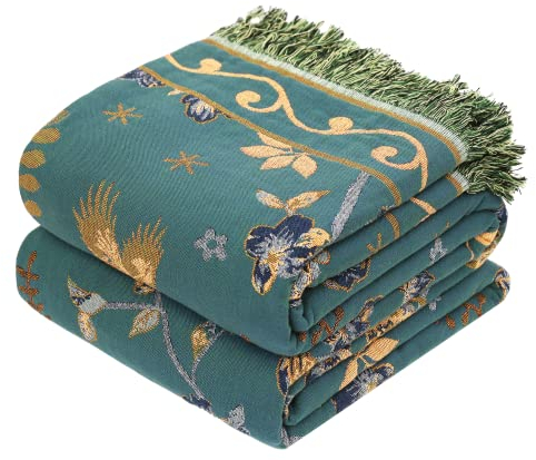 VANJOROY 100% Organic Cotton Sofa Large Bed Throw Blanket-150x200cm, Bohemian Double-sided Soft Skin-friendly Throw for Single 2 3 Seater Settees Armchair Couch and Bedspread.Teal/Green