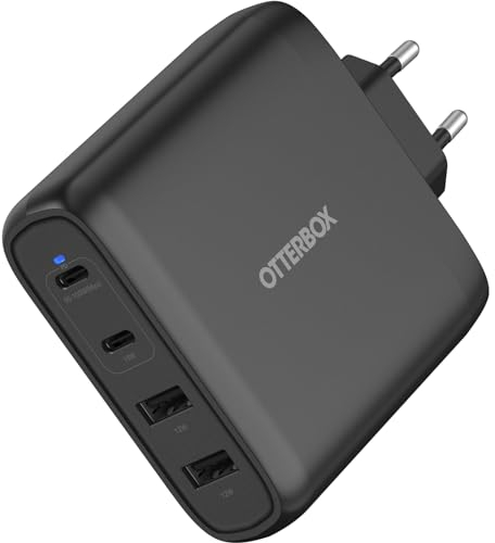 OtterBox Standard EU 100W USB-C PD GaN 4 Port Ladegerät, x2 USB-C PD Ports + x2 USB-A Ports, Schnelllade Gerät für Smartphone und Tablets, Sturzgeschützt und Robust, Schwarz