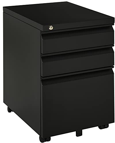 HOMCOM Rollcontainer mit 3 Schubladen mobiler Aktenschrank mit Rollen abschließbar Büroschrank mit konkavem Griff, Schubladenschrank für Büro, Homeoffice, 39 x 48 x 60 cm, Schwarz