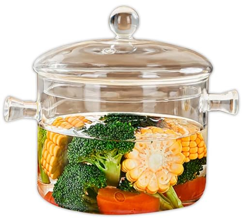 Casseruola di vetro, pentole di vetro per cucinare sulla stufa 1.9L/64 oz in vetro resistente al calore a sobbollire, alto borosilicato in vetro con coperchio e manici, sicuro per la zuppa