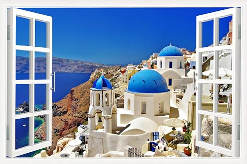 Blue White Santorini Canvas Wall Art Window View-Aegean Greek Islands | Framed canvas print with a clean wall-ready look for living room, bedroom, hallway, office, dorm, or apartment decor.