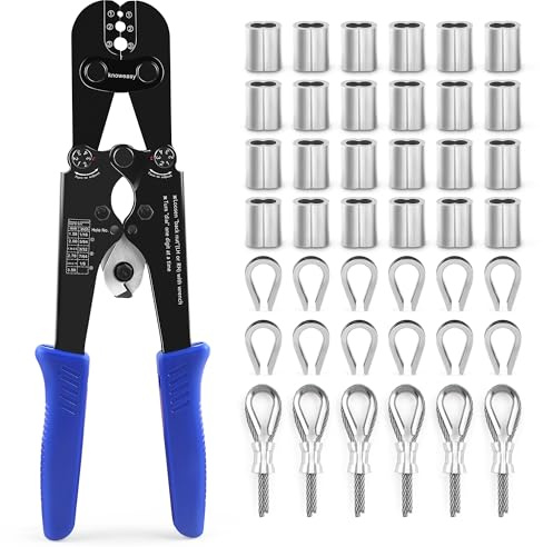 Knoweasy 2-in-1 Wire Rope Crimping and Cutting Tool, for 1/16-Inch to 1/8-Inch Cables, with 100pcs Aluminum Loop Sleeves and 50pcs M3 Thimbles - Comprehensive Rigging Solution