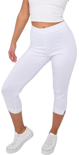 STAR FASHION Cropped Capri Trousers for Women UK Ladies Leggings Summer Pants Short Crop Stretch 3/4 Length Three Quarter Pedal Pusher Clothes Elasticated Bengaline Cut Off White 16