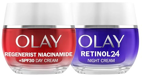 Olay Regenerist Niacinamide Day Cream Face Moisturiser SPF 30 50ml + Retinol 24 Night Cream Face Moisturiser 50ml, Skincare for Anti-Ageing, Hydration and Overnight Renewal