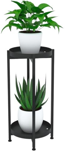 HENAYUK Blumenständer Metall Pflanzenständer, Stabil 4-Bein Blumenhocker, 2 Etagen Pflanzenregal Indoor für Balkon, Terrasse, Garten (30x30x65cm)