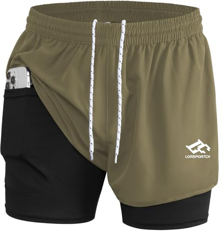 LORSPORTCH Men's 2 in 1 Running Shorts Men's Fitness Shorts Outdoor Marathon Training Shorts with Built-in Pockets Green XL