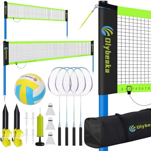 Portable Volleyball & Badminton Combo Net Set for Backyard Beach with 2 Nets (20ft and 32ft), Adjustable Poles, PU Volleyball, Aluminum Rackets and Carry Bag, Quick Setup & Durable