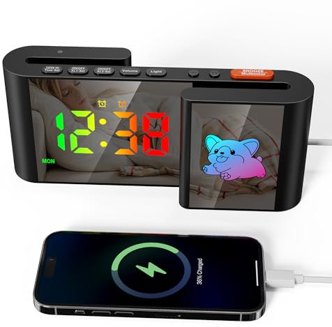 Euakee Sveglia Digitale, Sveglia Comodino con Simpatico Cane, Orologio Digitale LED Forma di S, Cartone Animato 11 Colori, Dimmerabile, Volume, Ssnooze, Luce Notturna, Camera da Letto (Nero)