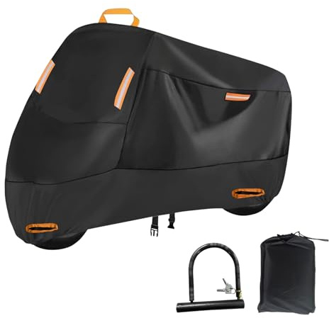 ACESOME Bache Moto, Oxford 210D Bache Exterieur Etanche, Housse Moto Exterieur, avec Bandes réfléchissantes et Sac de Rangement pour Moped Scooter Motocross (avec Serrure, XXXXL 295 x 110 x 140cm)