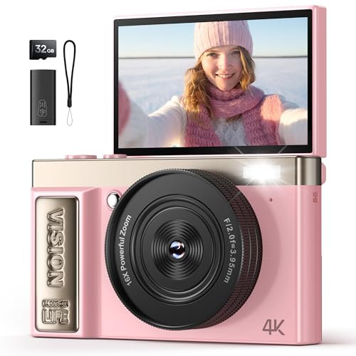 Appareil Photo Numérique 4K Digital: 64MP Appareils Numérique avec Écran Rabattable 180° - Camera pour Vlog avec Carte 32GB - pour Adolescents Débutants Adultes Enfant Rose YYZA9