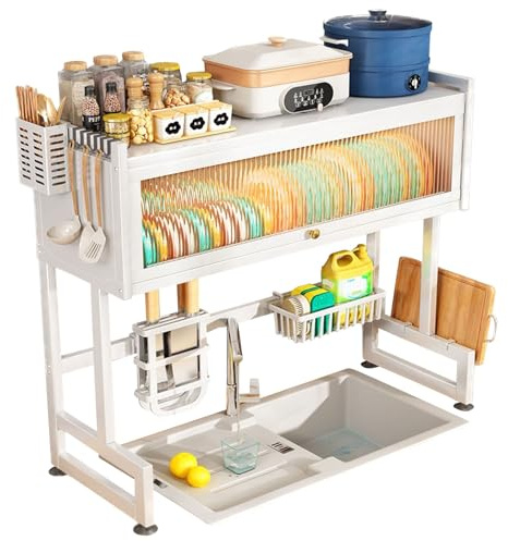 Escurreplatos grande con bandeja de goteo y soporte para cubiertos, escurridor de platos escalonado con cesta colgante sobre el fregadero, estante de secado de cocina para platos y sils