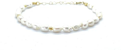 Eloboe essence Pulsera de Perlas de Río Naturales, 5x7mm, Plata 925 Chapada en Oro 24K, Ajustable 16-19cm