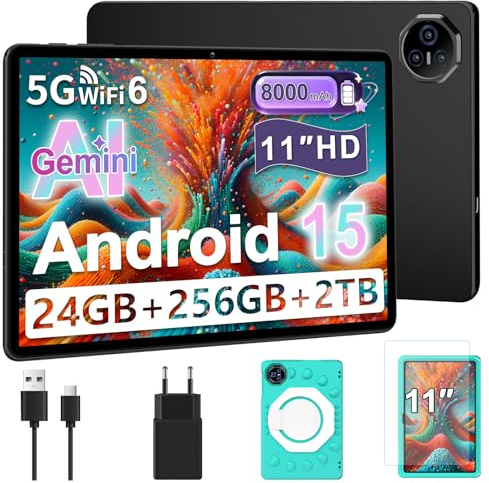 Tablet Android 15, 11 Pollici Tablet per Bambini, 24 GB+256 GB/2 TB, Octa-Core, Gemini AI/Widevine L1, 8000 mAh, 13 MP+5 MP, Tablet PC Grandi Dimensioni con Custodia Protettiva in Silicone EVA-Grigio