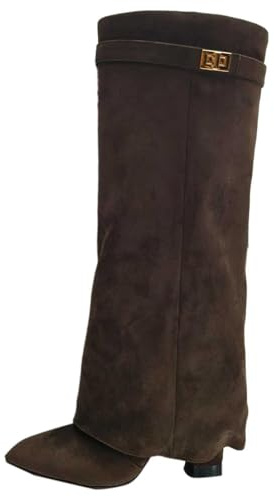 Generisch Bottes pour femme Shark Boots - Bottes larges souples de cowboy hautes confortables à pointe pointue avec talon plateforme et longue tige montantes au genou, hiver, chaudes et élégantes