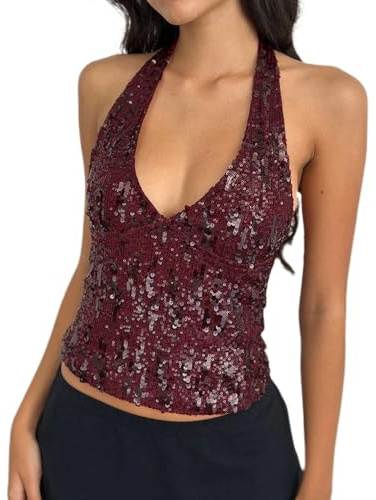 Halter Sequin Tank Tops for Women Summer Deep V Neck Backless Sleeveless Glitter Crop Vest Party Concert Outfits (Wine Red, M)