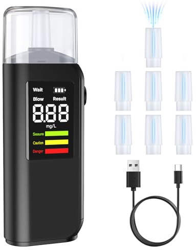 PTDHE Alcoholimetro Homologado Portatil Alcoholímetro Test, Pantalla digital LED de alta definición, Alta precisión Dos medidas, Carga Type-C, Con 8 Boquillas, para uso personal familiar y profesional