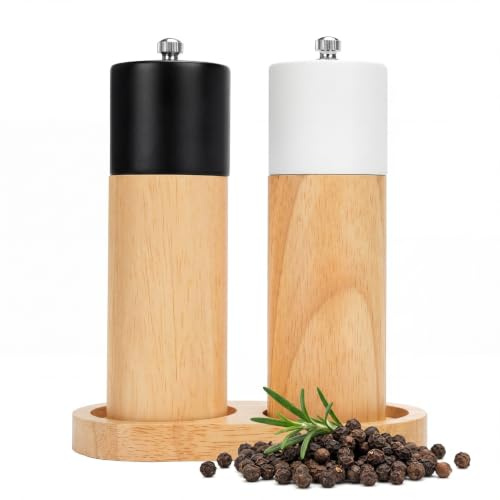 Juego de molinillos de sal y pimienta, juego de 3 molinillos de especias con posavasos, molinillo de sal y pimienta, mecanismo de cerámica, grado de molido ajustable, para sal, pimienta, especias