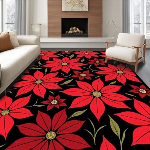 Design&I Flatwoven Area Rug 4x6 ft, Poinsettia Bloom Punch Needle Kit with Vintage Holiday Flower Motifs, Machine Washable, Stain Resistant Indoor Rug for Living Room, Bedroom, Non Slip Decor (Pad)