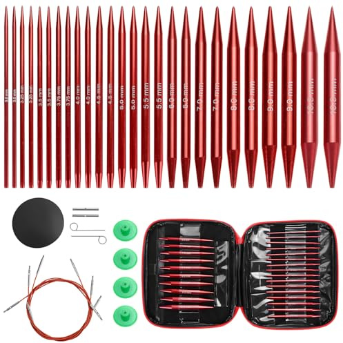 QWORK® 13 Paia Set di Ferri da Maglia Circolari Intercambiabili, Aghi in Alluminio 3,0-10,0 mm con 4 Cavi, per Maglioni, Sciarpe e Cappelli