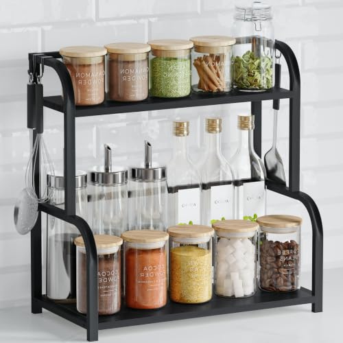 Kitchen Shelf Organiser Coffee Station - 2 Tier Spice Rack Storage Cupboard | Black Natural Wooden Shelves for Counter Top Organizer - Small Desk Worktop Organisation Unit Free Standing Coffe Bar