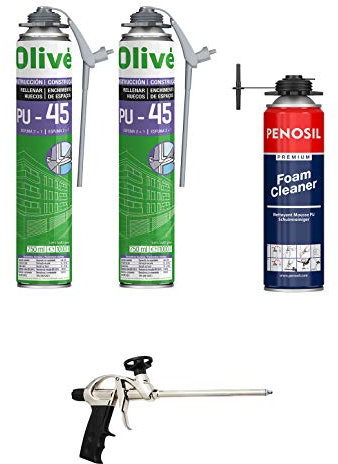 Set di 2 schiume espansive poliuretaniche 750 ml per pistola + 1 pistola + 1 detergente.