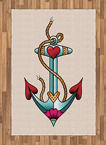 ABAKUHAUS Anker Teppich, Seeseil und Herzen, Deko-Teppich Digitaldruck, Färben mit langfristigen Halt, 120 x 180 cm, Mehrfarbig