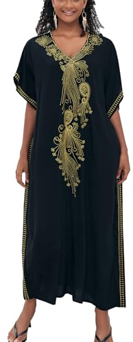 YouKD Lång kaftan för kvinnor, maxiklänning, bohemisk strandrock, täckande plagg för baddräkt, strandplagg, Svart 1, one size
