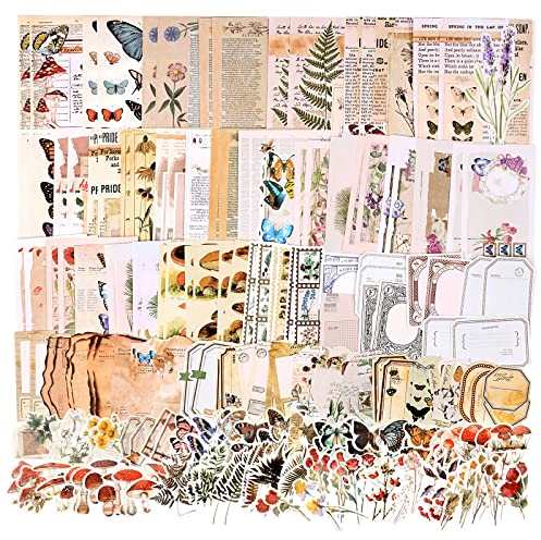 Draupnir 200 Stück Vintage Scrapbooking Papier Washi Sticker Aesthetic Set Aufkleber Schmetterlinge Bäume Thematisch Scrapbook Zubehör für Kalender Notizbuch Tagebuch - Natur