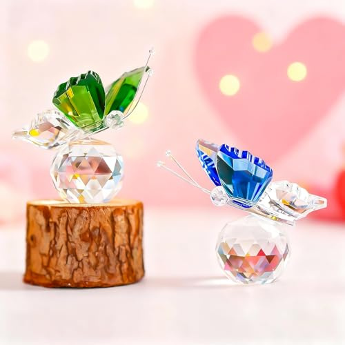 Crystal Butterfly Figurine Set 2 Cut Glass Animal Ornament Ball Base